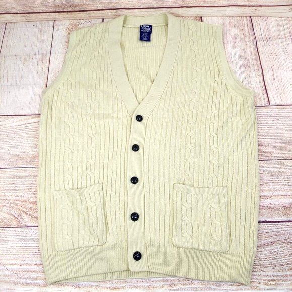 John Blair Men Cable Knit Sleeveless Sweater Vest Button Front 2 Pockets Cream L - Picture 1 of 12